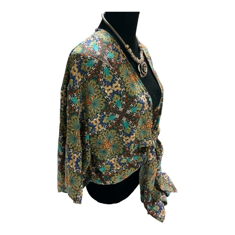 Black Bead Bohemian Kimono Sleeve Tie Waist Top M. Tie Front NWT - Picture 3 of 11